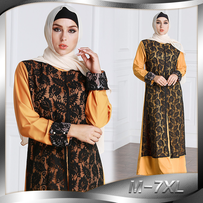 New Style Dresses Women's Fashion Fake Two Pieces of Lace Temperament Women's Clothing Arabian Women's Dress Robe