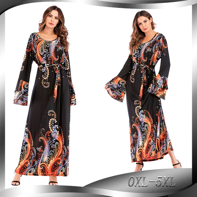 Amazon AliExpress Hot Print Round Neck Pile Sleeves Beaded Ice Soft Silk Dress Long Dress