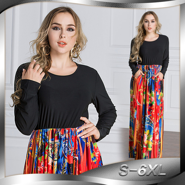 Hot Selling Fashion Women's Long-sleeved Bottoming Plus Size Waist Double Pocket Dress Fashion Robe Abaya