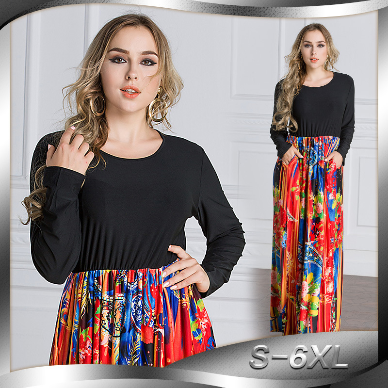 Hot Selling Fashion Women's Long-sleeved Bottoming Plus Size Waist Double Pocket Dress Fashion Robe Abaya