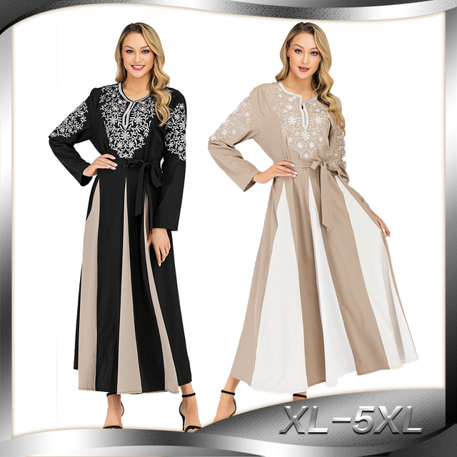 Middle Eastern Fashion Embroidered Muslim Dress Round Neck Long Sleeve Stitching and Big Swing Abaya