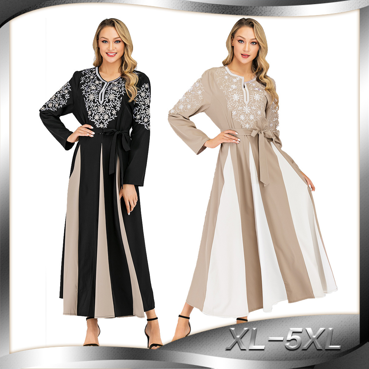 Middle Eastern Fashion Embroidered Muslim Dress Round Neck Long Sleeve Stitching and Big Swing Abaya