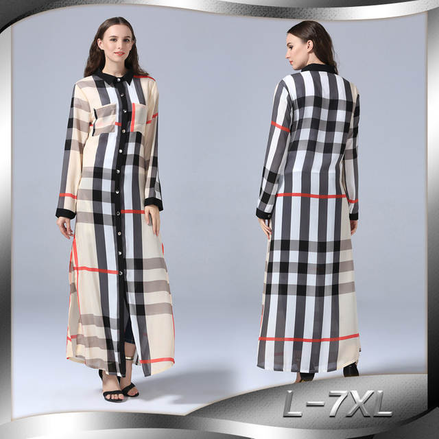 AliExpress New Fashion Long-sleeved Plus Size Women's Slim Checkered Full Button Cardigan Long Dress