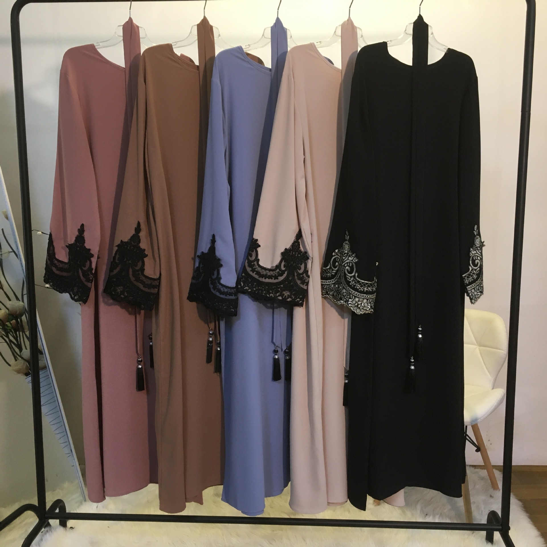 Islamic Turkey Dubai Hot Sale Fashion Muslim Dress Long Sleeve Lace Patchwork Dress
