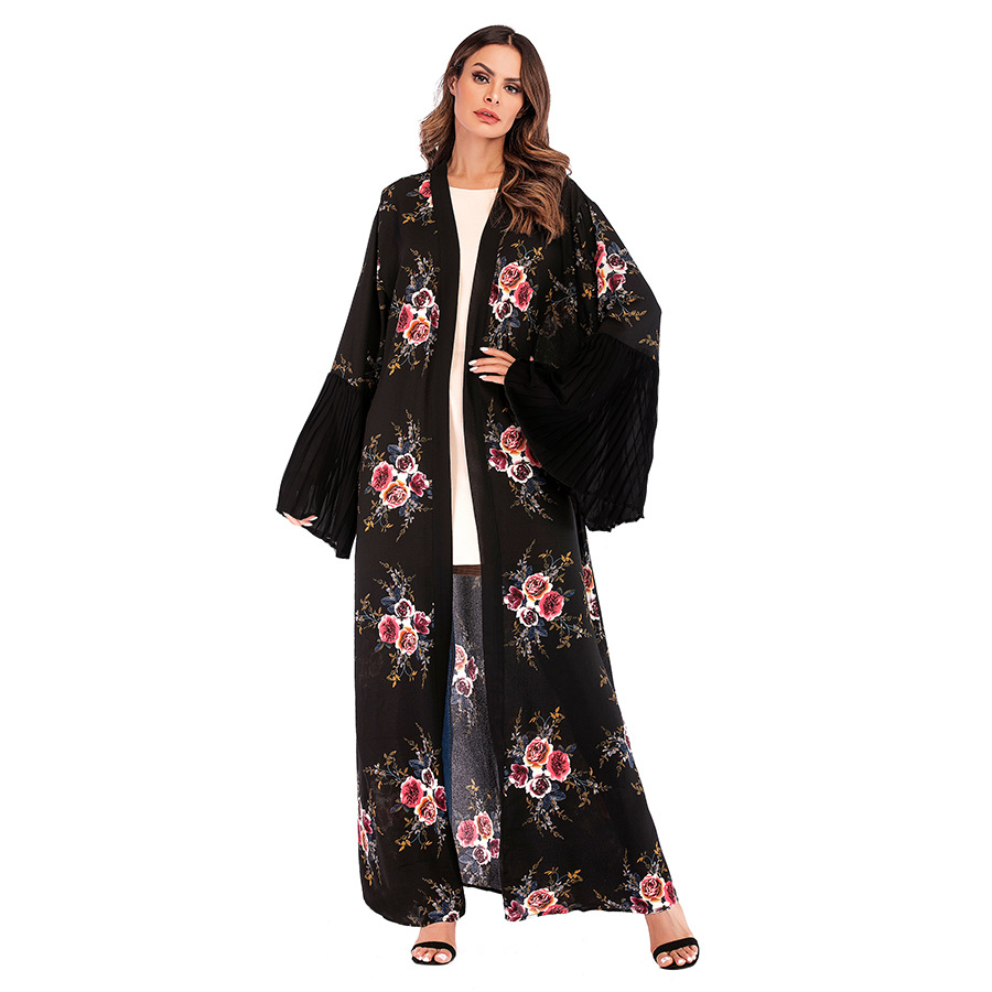 Middle Eastern Muslim Printed Flare Sleeve Lace Up Dress Arab Hot Selling Dress Long Robe Women