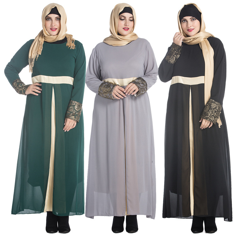 New Fashion Robe Chiffon Satin Hui Muslim Stitching Long-sleeved Dress Full Lining Plus Size Women