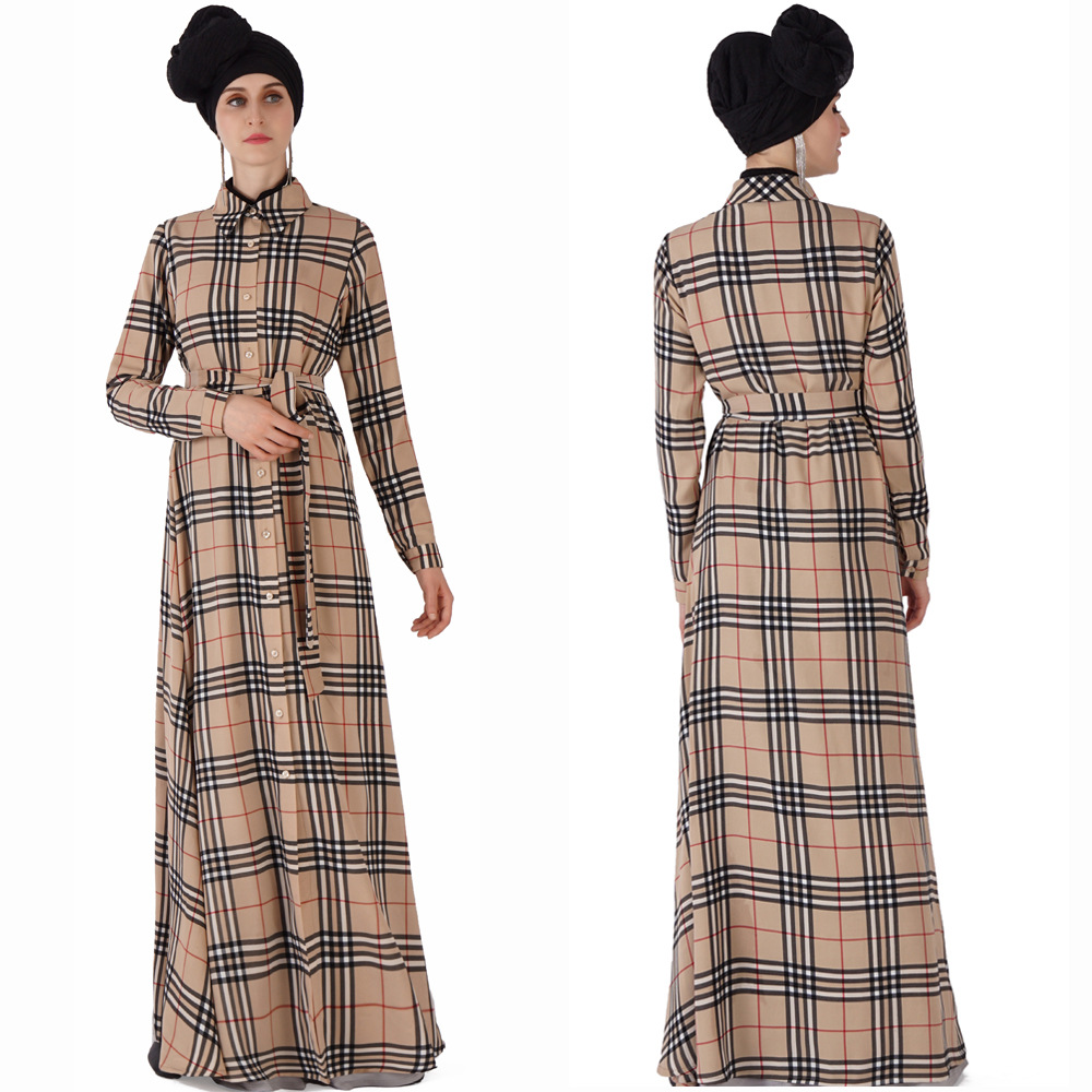 Plaid Long Sleeve Modest Fashion Islamic Loose Islamic Muslim Maxi Dresses Abaya