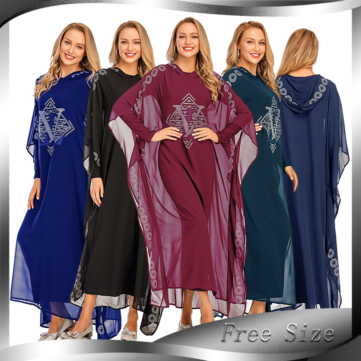 Cross-border Exclusively for Women's Muslim Robe Drill Chiffon Bat Sleeve Hoodie Dress