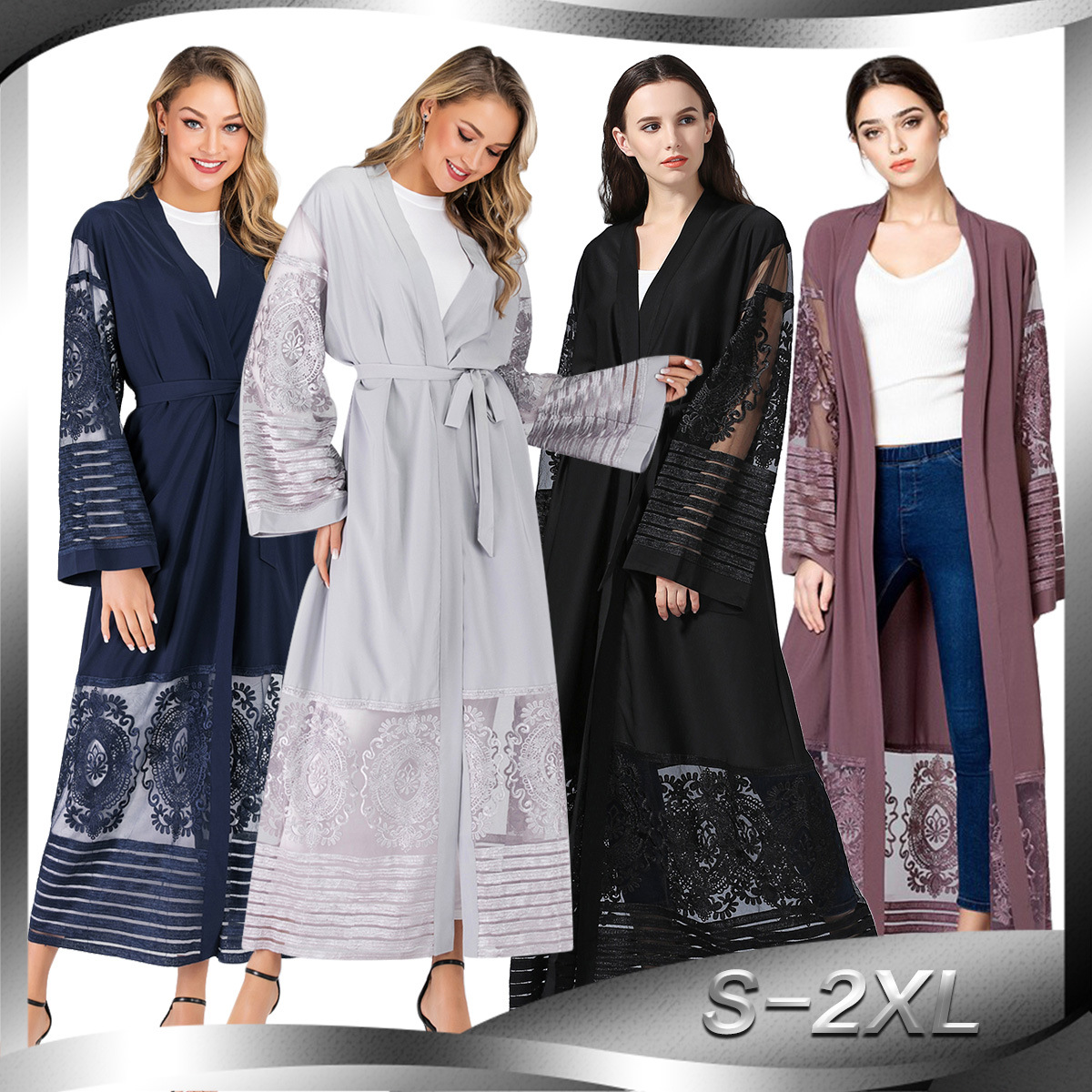 Foreign Trade Explosive Cardigan New Fashion Women's Embroidered Mesh Cardigan Dubai Robe Dress