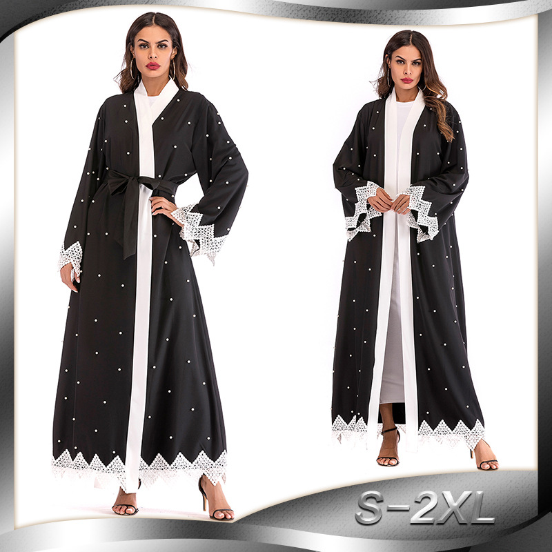 European And American Muslim Stitching Long-sleeved Tie-band Loose Beaded Cardigan Robe Women