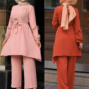  2022 Prayer Thobe Suit Solid Color Islamic Clothing Top Burka Kurti Pants Maxi 2pieces Modest Dubai Women Two Piece Muslim Blouse Set