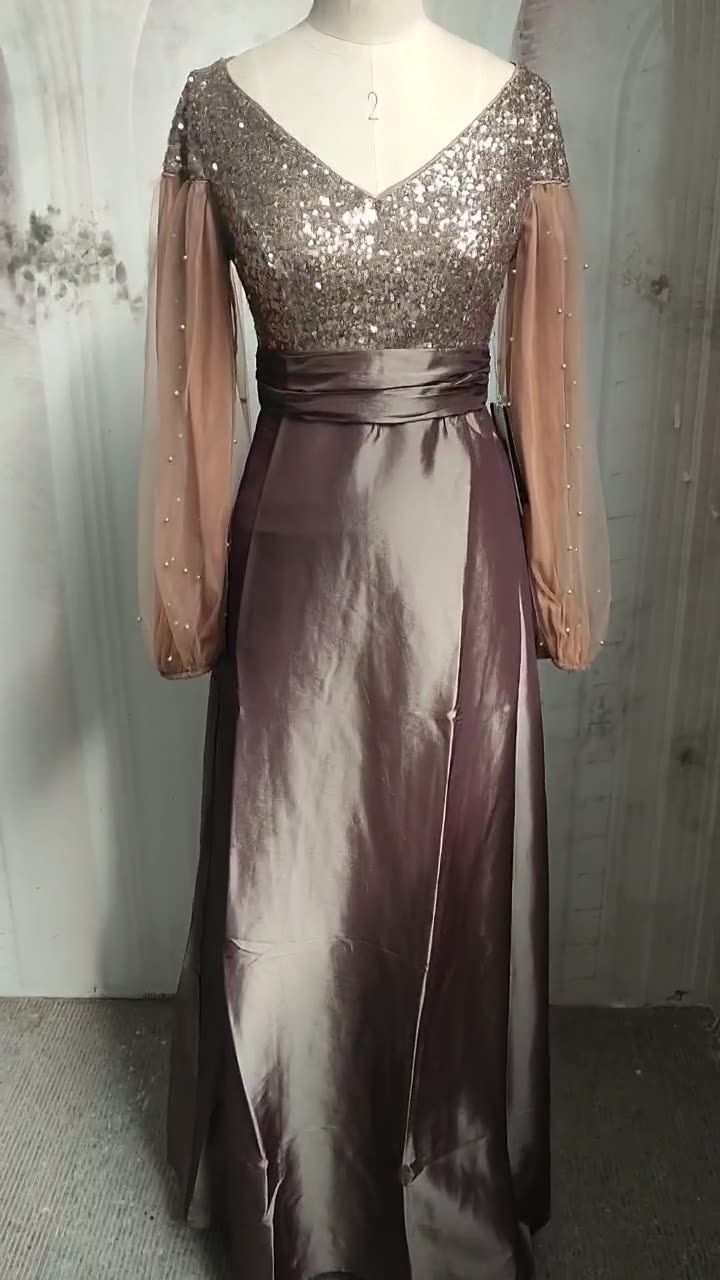 2022 Muslim Pakistani Loose Arabian Sequins V-neck Elegant Malaysian Women's Clothing