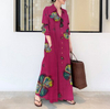 2022 Muslim Plus Size Women's Cotton And Linen Printing Lapel Long-sleeved Pockets Simple Loose Literary Leisure Long Shirt Dress