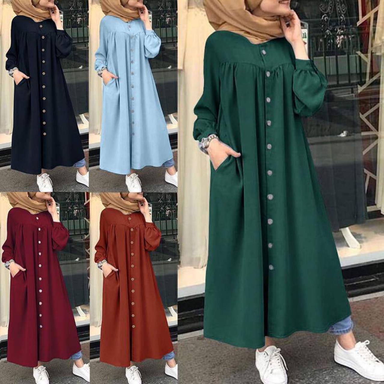 2022 Muslim dress plus size women's round neck pocket commuter casual robe shirt dress long