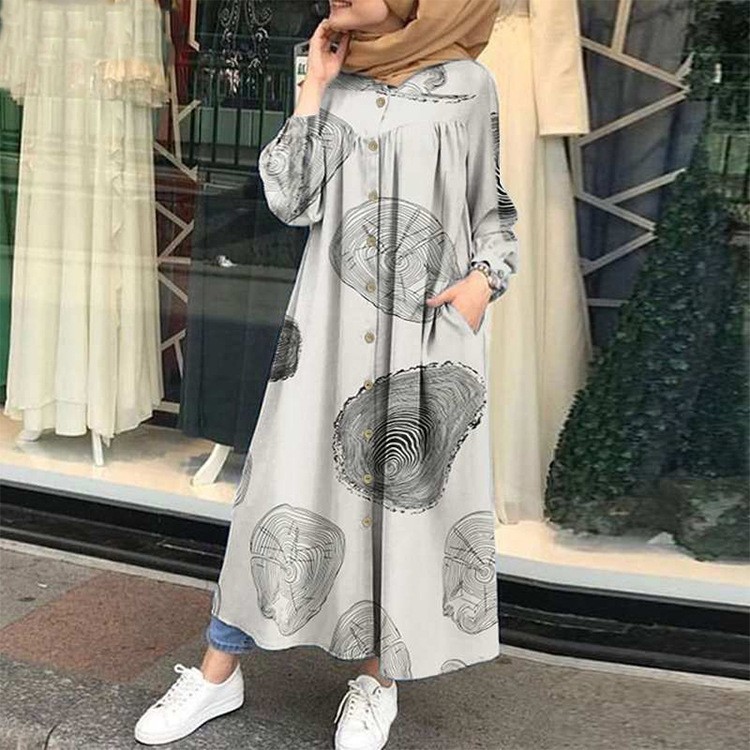 2022 Muslim New Spring And Autumn Cotton And Linen Print Retro Ethnic Casual Plus Size Women's Long-sleeved Loose Long Dress