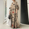 2022 New Style Cotton And Linen Printing V-neck Simple Loose Casual Long Large Size Dress Long Skirt Women's Clothing