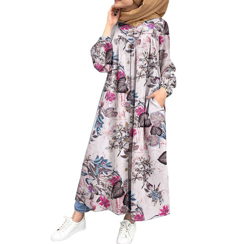 2022 Muslim Cotton And Linen Printed Dress Muslim Robe Dress Big Swing Dress