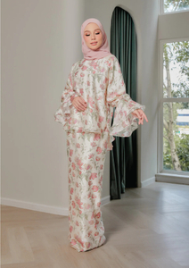 SIPO Eid Hot Selling Malaysia Baju Kurung Premium Mix Tencel Raglan Cutting with Ruffles Sleeves Muslimah Perempuan Dress Floral Print Modern Kurung