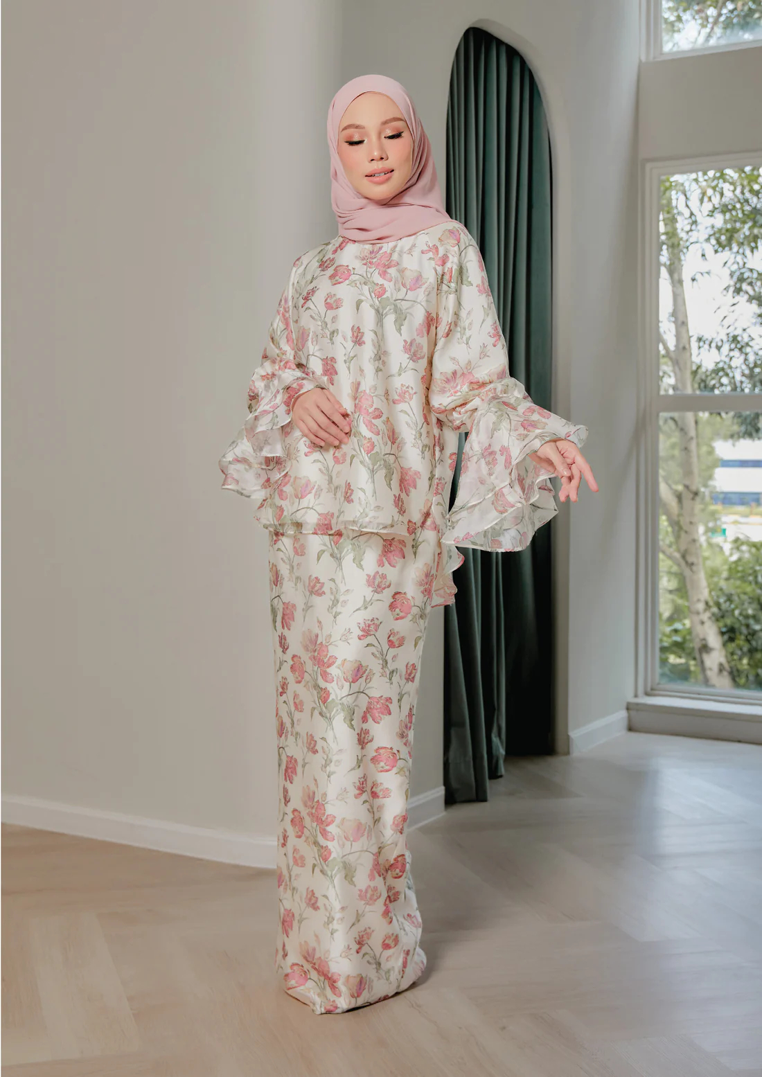SIPO Eid Hot Selling Malaysia Baju Kurung Premium Mix Tencel Raglan Cutting with Ruffles Sleeves Muslimah Perempuan Dress Floral Print Modern Kurung