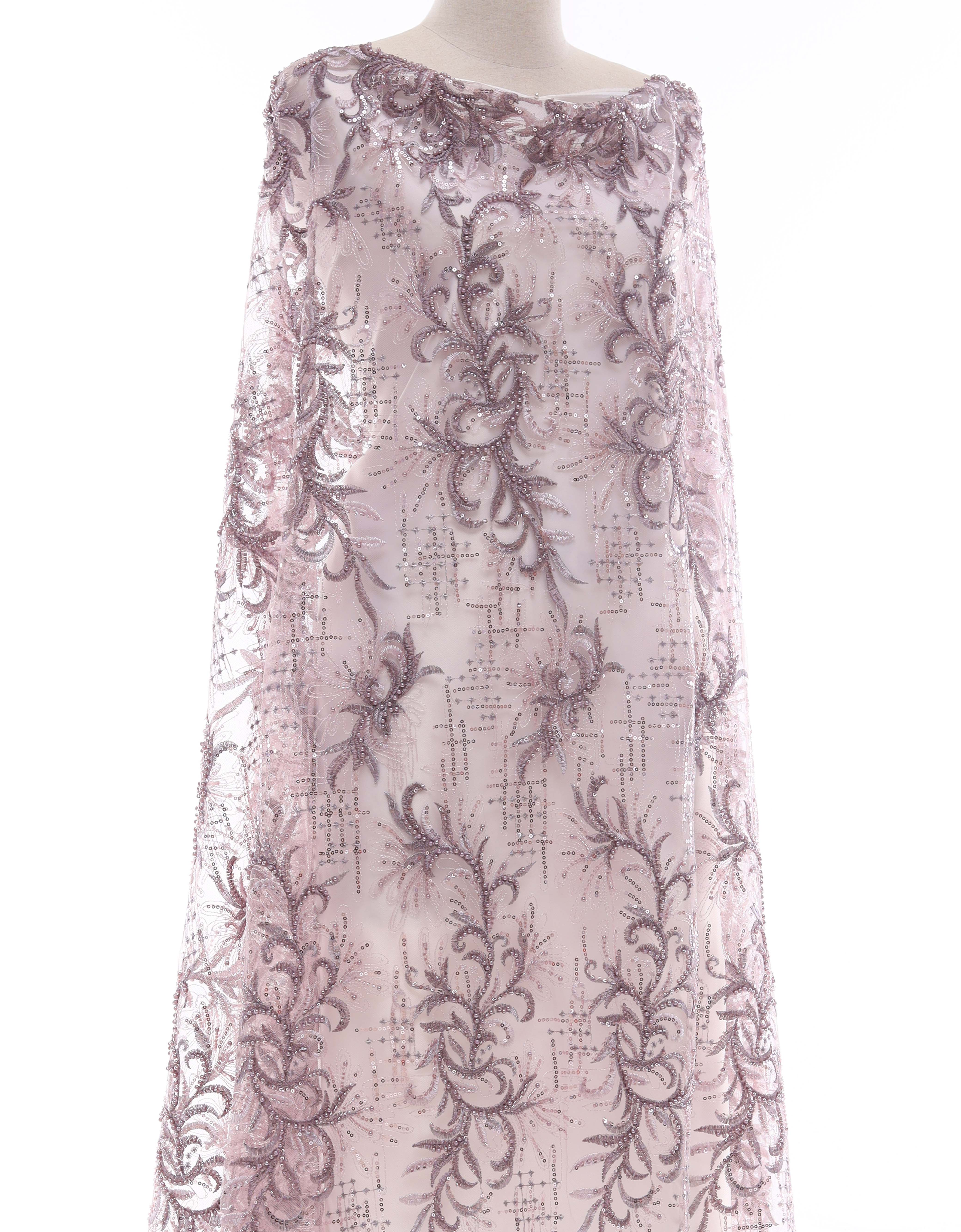 Embroidery Lace PEARL BEADED LACE IN PURPLE Fabric