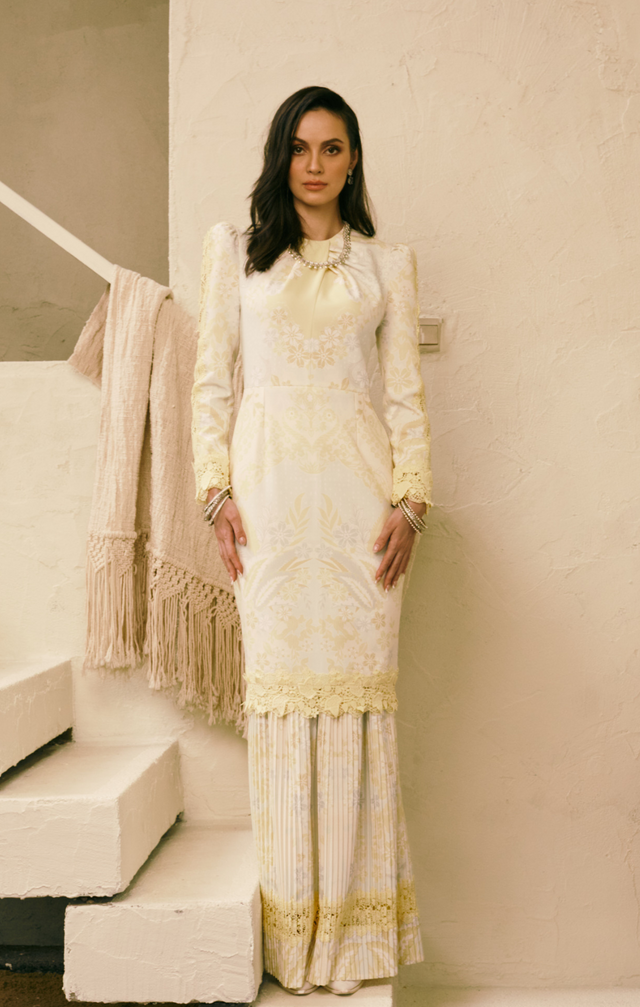 SIPO Design Hot Selling Baju Kurung Malaysia Lace Printed Long with Fagotting Round Neckline Baju Kurung for Women 