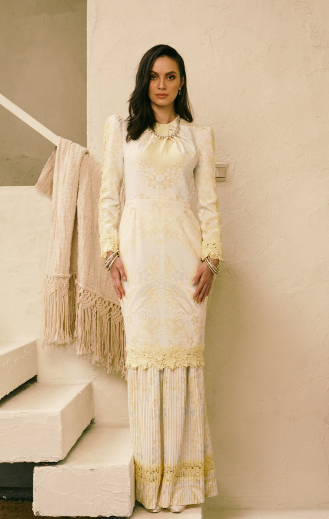 SIPO Design Hot Selling Baju Kurung Malaysia Lace Printed Long with Fagotting Round Neckline Baju Kurung for Women 