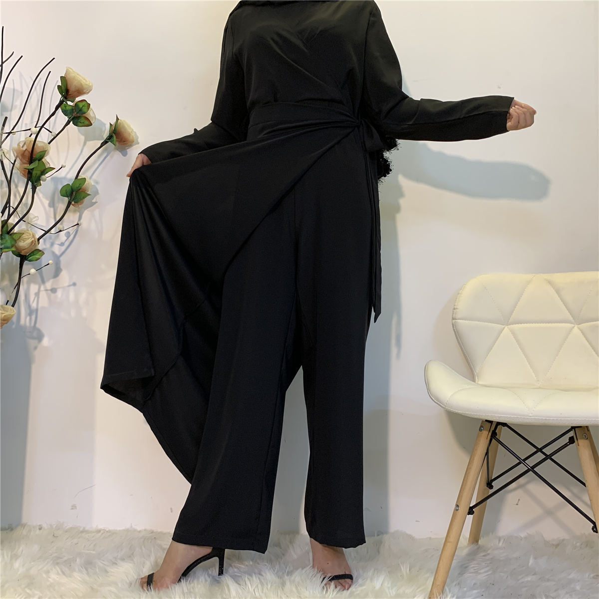 Solid Color V-Neck Stitching One-Piece Wide-Leg Pants Muslim Islamic Suit Jumpsuit (13)