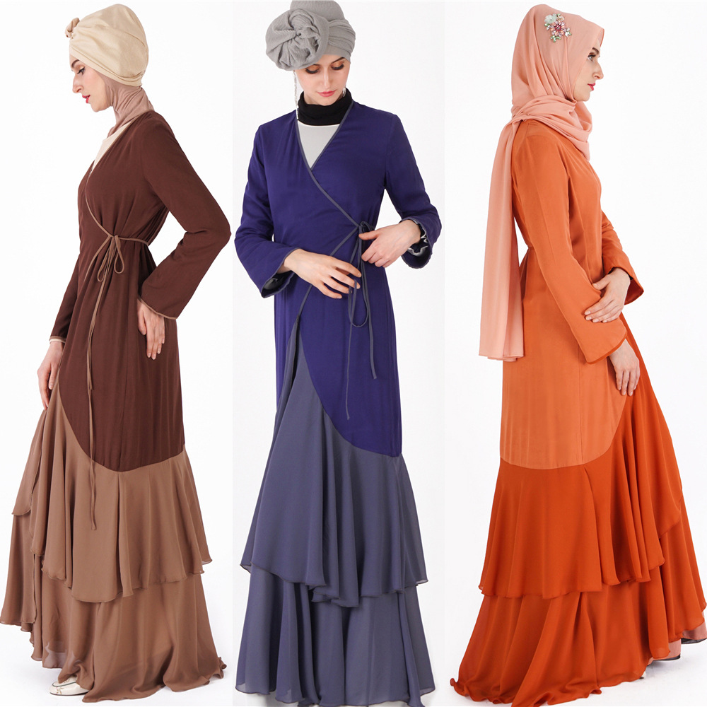 Cotton Long Sleeve Maxi Muslim Clothing Dress Abaya with Pearl Chiffon Fabric