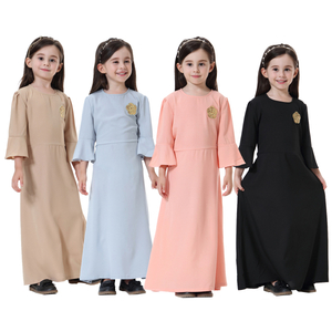 Wholesale Round Neck Long Sleeves Trumpet Cuff Muslim Islamic Kids Causal Clothing Dress Girls Abaya