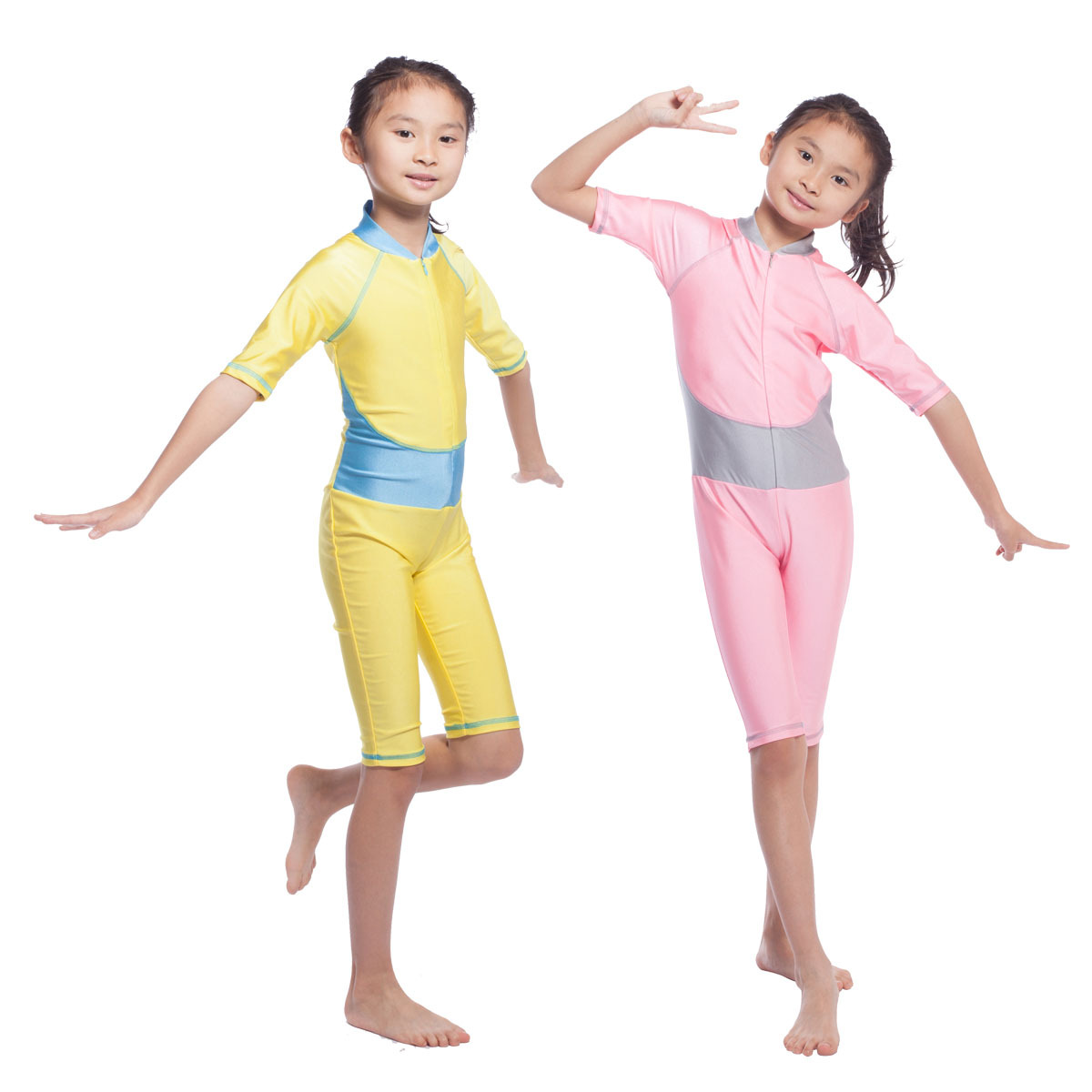 Kids Girls Conservative Cute V-Neck Stitching Consists Hat Islamic Muslim Swimsuit Swimwear
