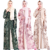 Floral Sequined Round Neck Kimono Muslim Dubai Maxi Robes Dresses Front Open Abaya 