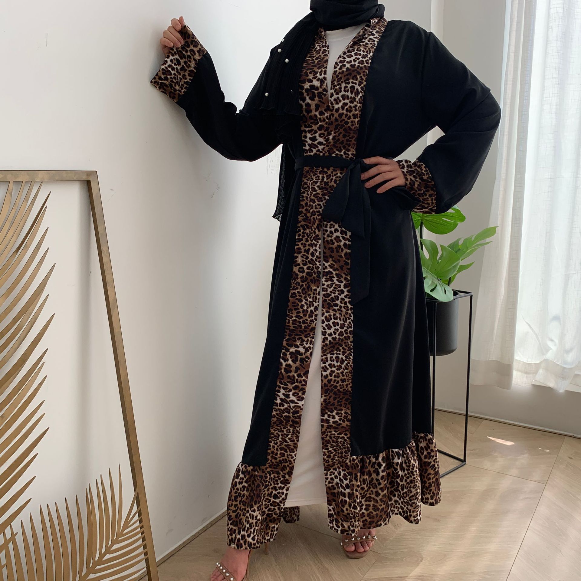 2021 New Womens Leopard Print Stitching Fashion Cardigan Open Abaya Kimono (9)