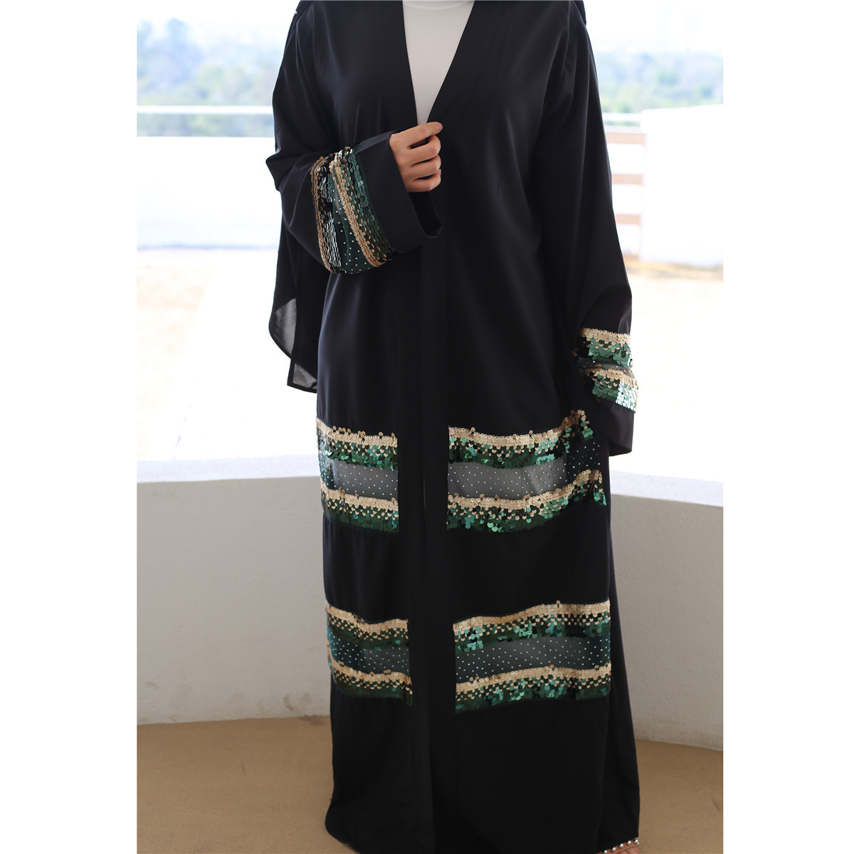 New Muslim Abaya Fashion Sequin Stitching Dubai Turkish Modest Cardigan Open Abaya (19)