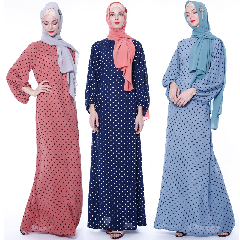 Dot Latern Sleeve Muslim Islamic Abaya Maxi Dress