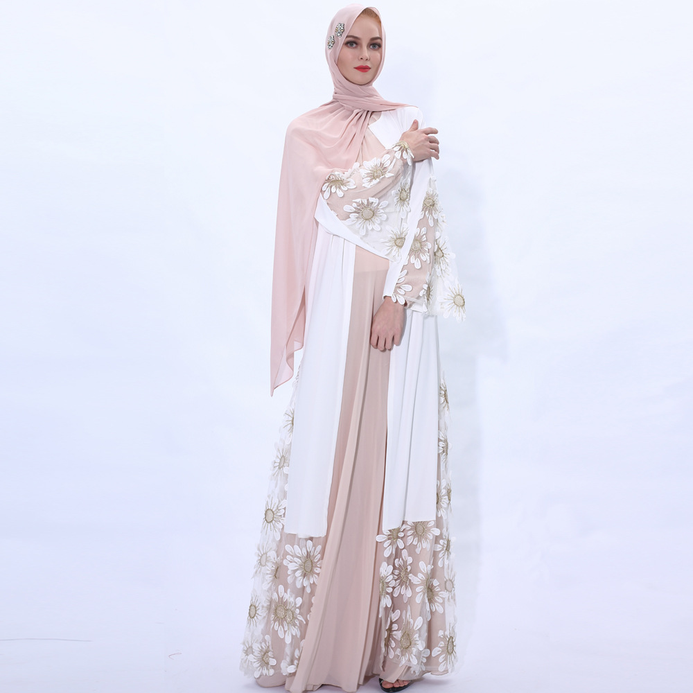 Mesh Matching Embroidery Floral Middle East Modest Open Abaya Kimono