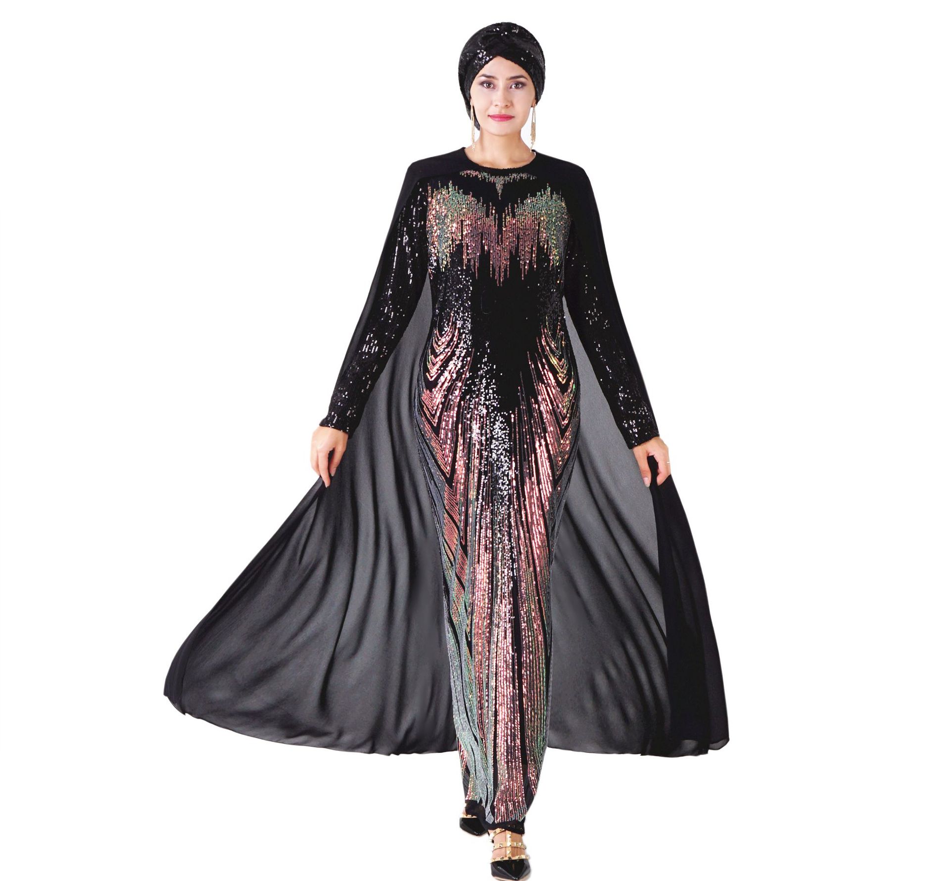 Embroidery Sequin Black Long Sleeve Dubai Malaysia Islamic Muslim Evening Dress