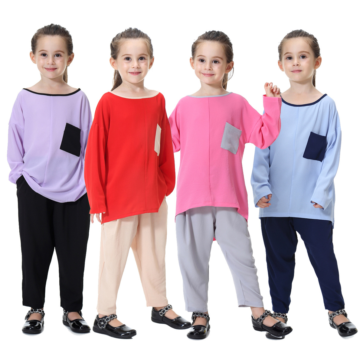Long Sleeve Pure Color Islamic Clothing 2 Pieces Set Muslims Kids Harlan Pants Shirt