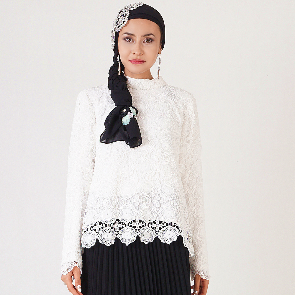 High Collar White Color Lace Design Cotton Materials Islamic Clothing Muslim Top (8)