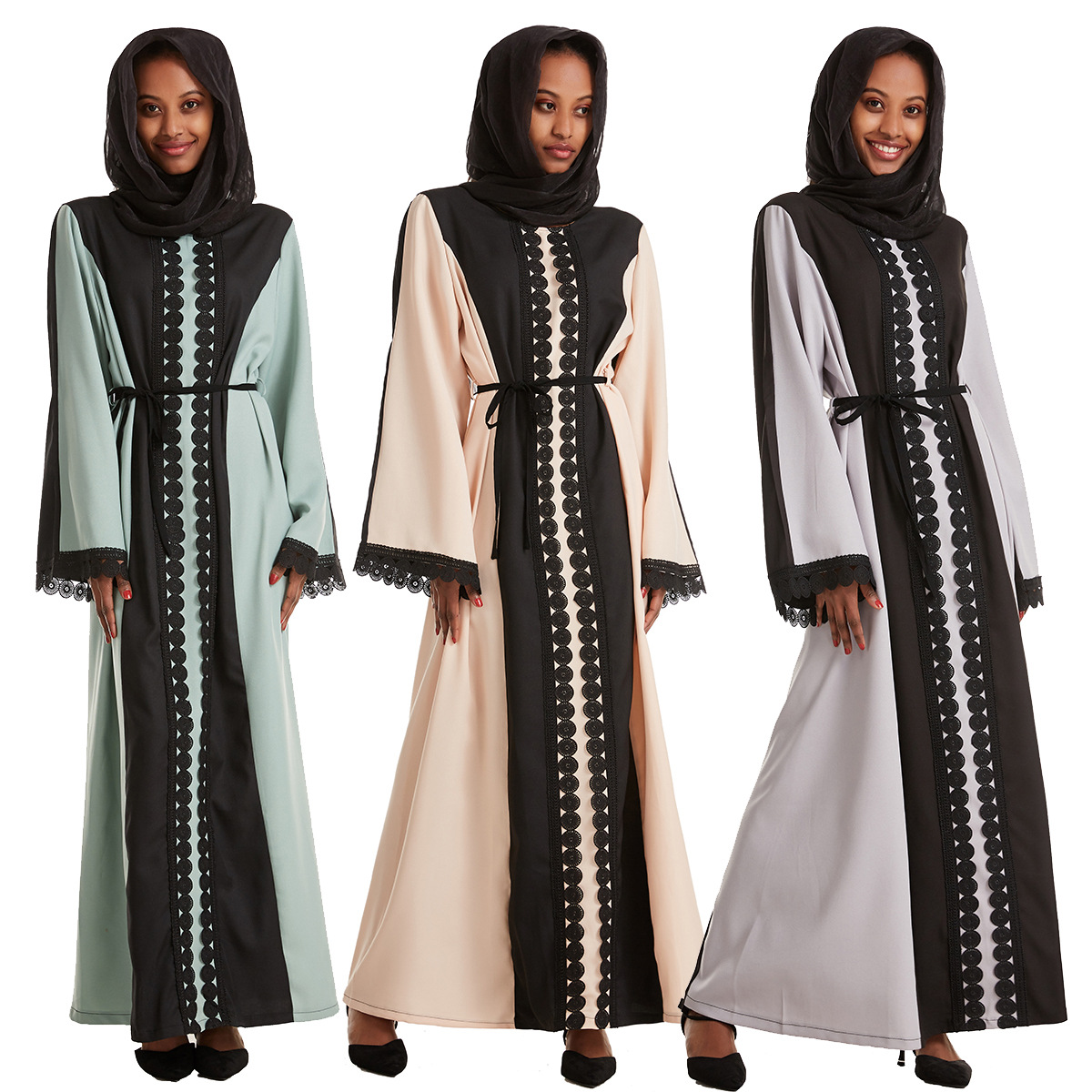 Burkha Dubai Round Neck High Elastic Applique Long Sleeves Muslim Islamic Women Abaya Dress Clothing