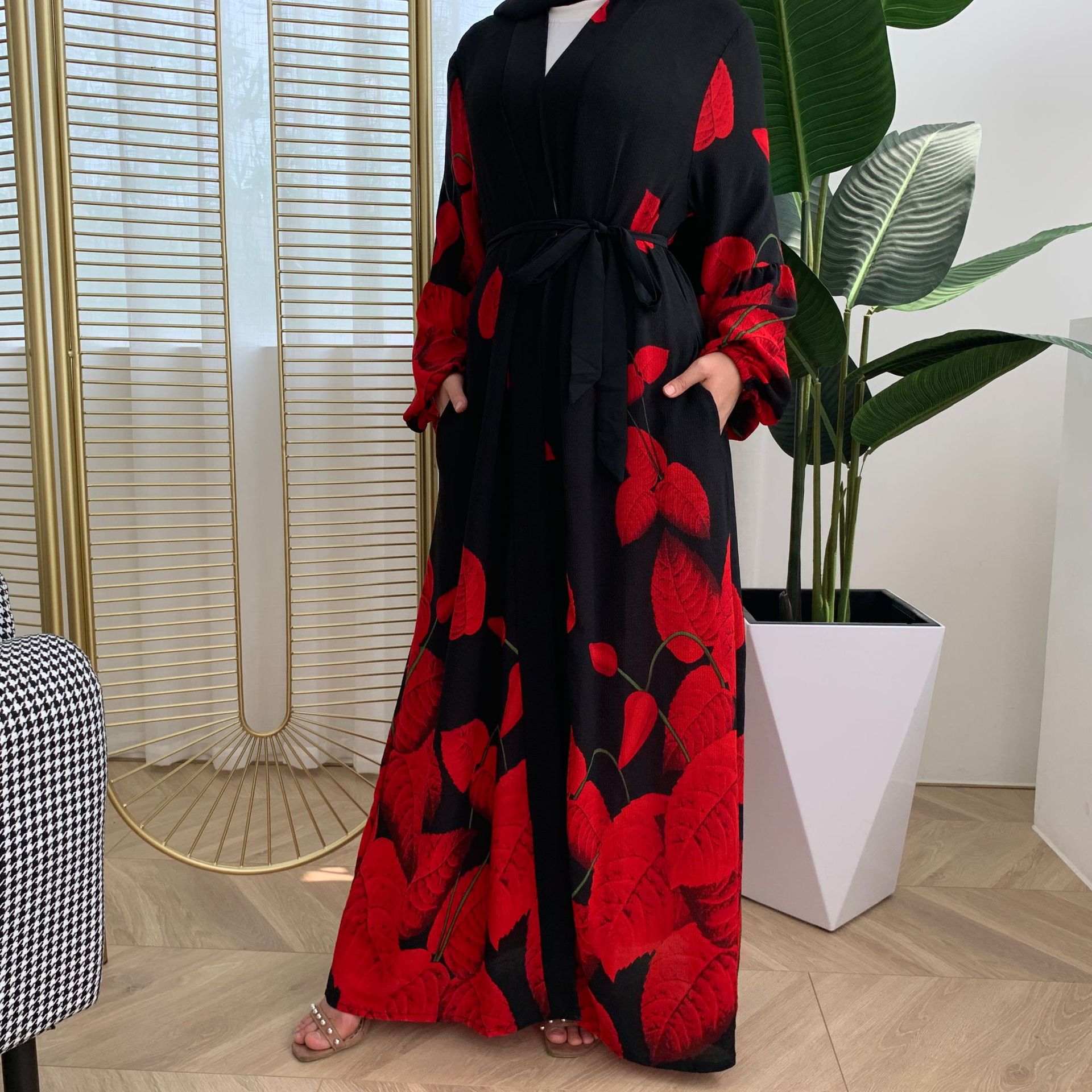 Middle Eastern Arab Print Lantern Sleeve Cardigan Muslim Modest Open Abaya (13)