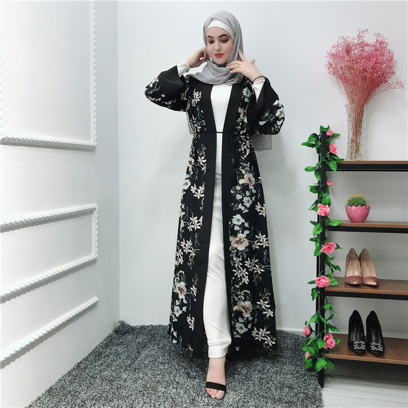 Middle East Digital Floral Printing Modest Open Abaya Kimono