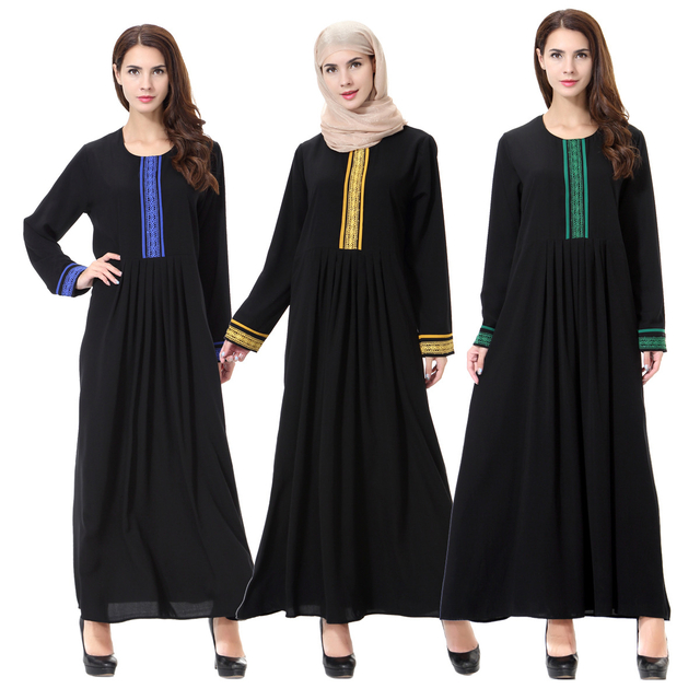 Arabian Dubai Comfortable Round Neck Applique Muslim Islamic Women Abaya Dresses Clothing
