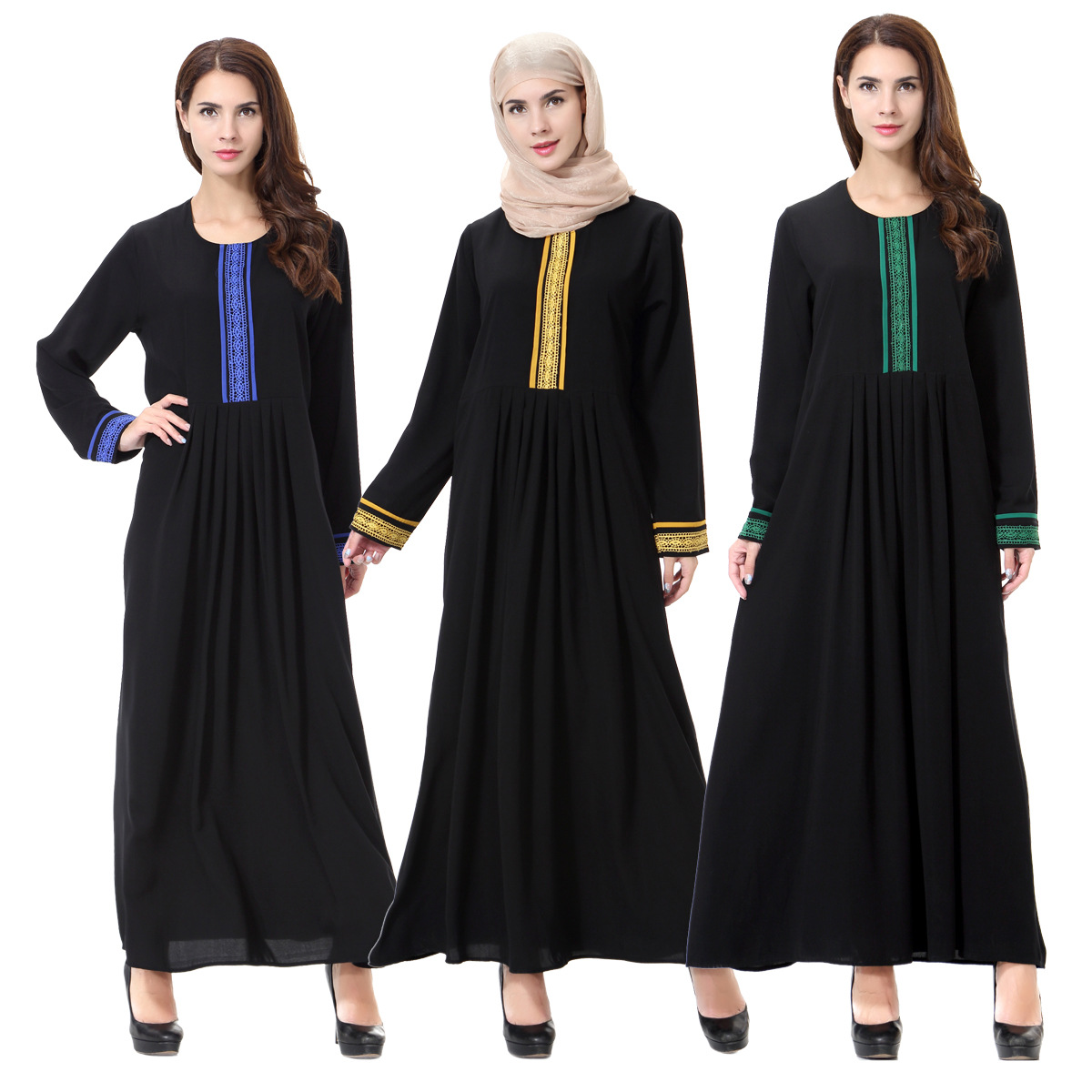 Arabian Dubai Comfortable Round Neck Applique Muslim Islamic Women Abaya Dresses Clothing