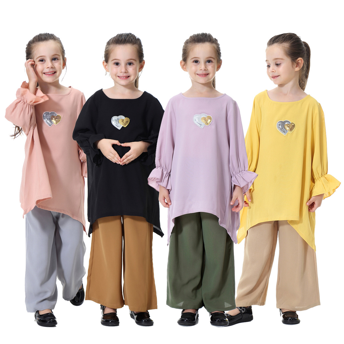 Pure Color Islamic Clothing 2 Pieces Set Muslims Kids Harlan Pants Shirt Clothes Set For Girls