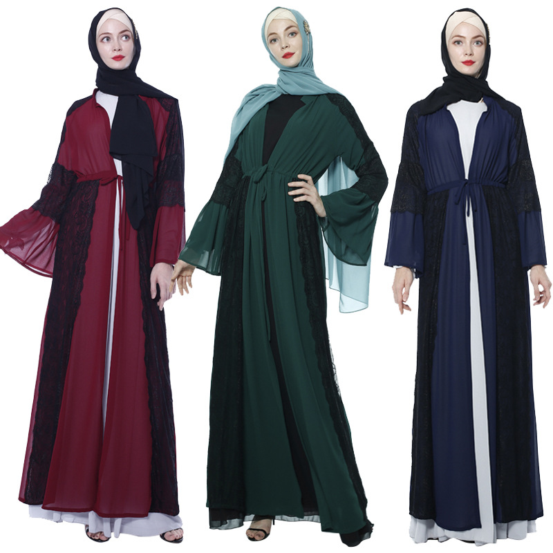 Muslim Flared Sleeve Ethnic Style Modest Islamic Cardigan Hit Color Open Abaya
