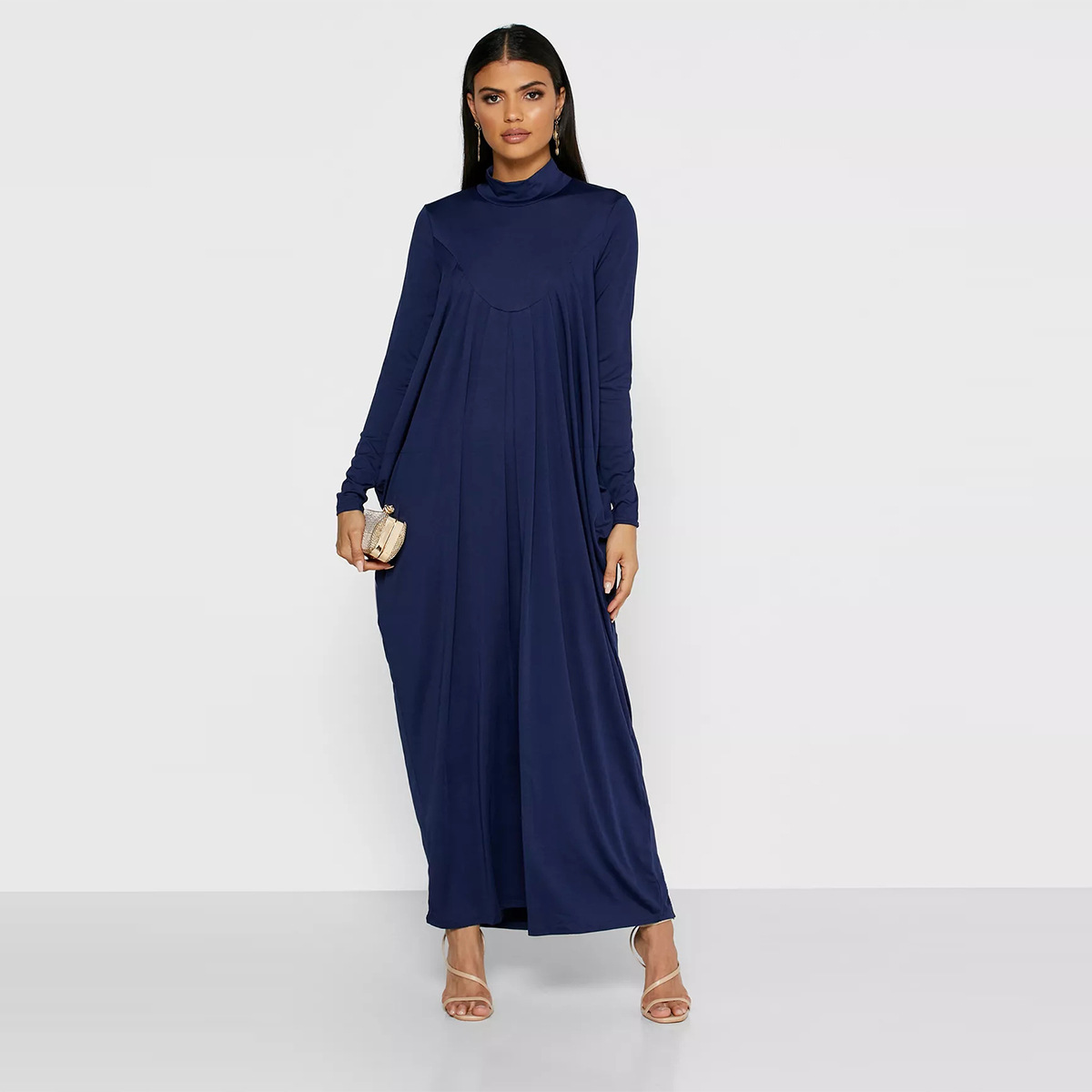 Ramadan Muslim Women's Maxi Dress Pure Color Shirring Modest Islamic Abaya