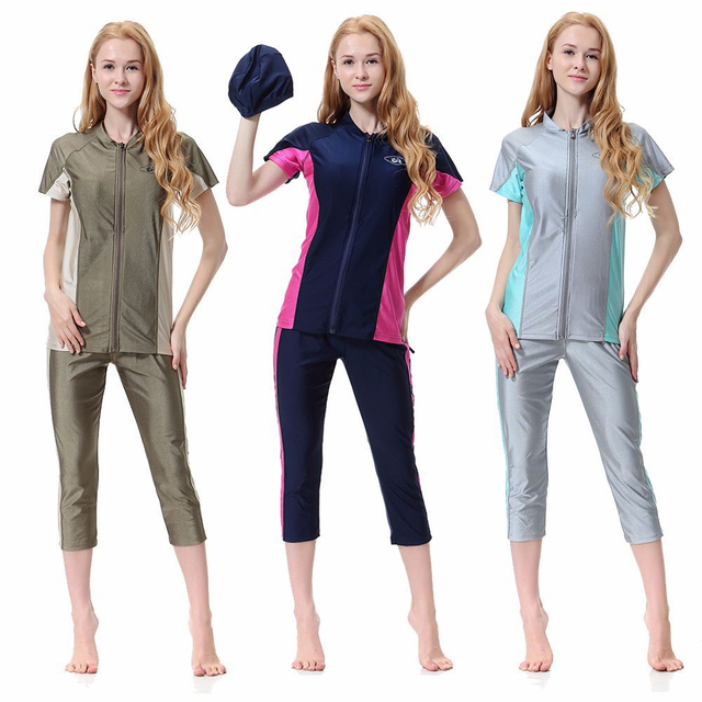 Women's Conservative Color Stitching Short Sleeve Islamic Muslim Swimsuit Swimwear