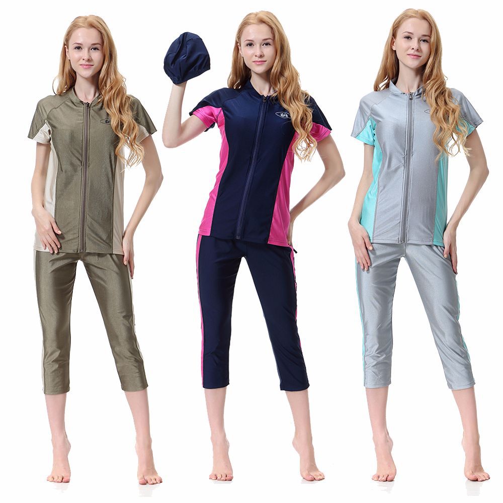 Women's Conservative Color Stitching Short Sleeve Islamic Muslim Swimsuit Swimwear