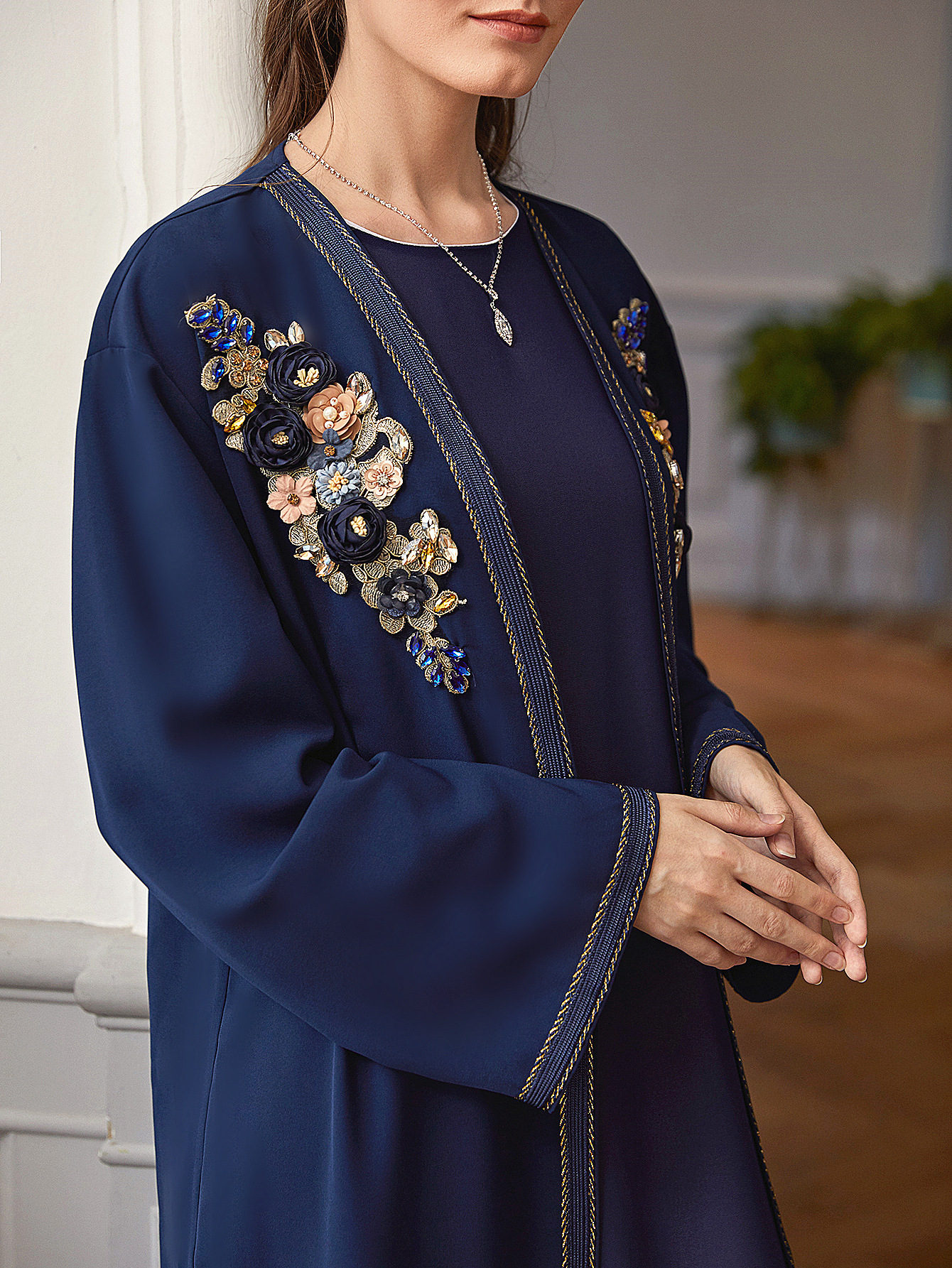 Handmade Floral Muslim Islamic Open Abaya Kimono Modest Maxi Dress (6)