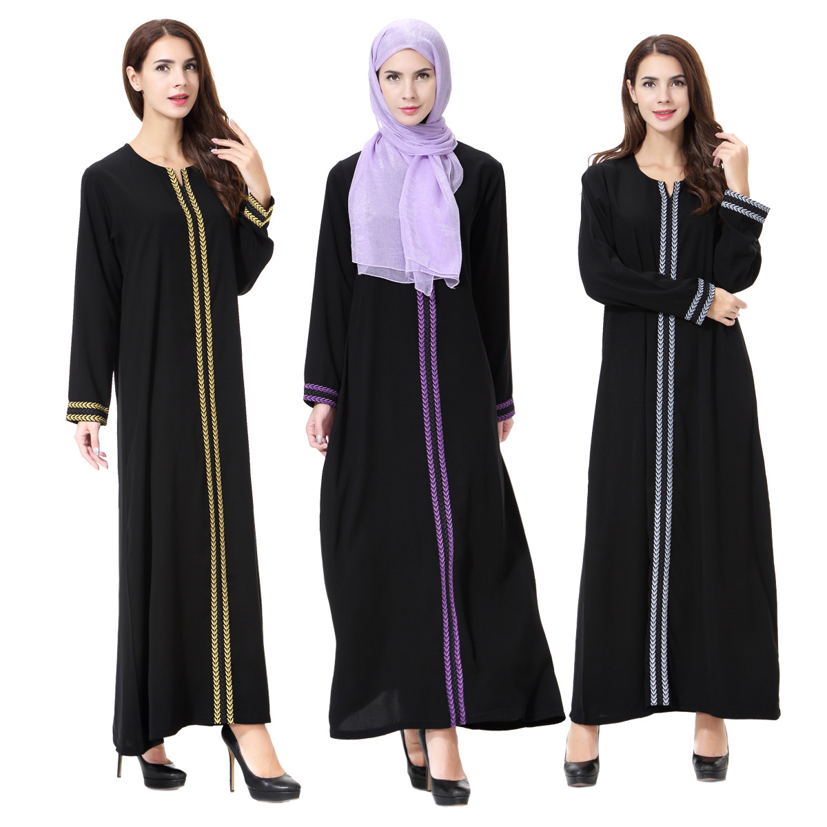 Dubai Embroidered Solid Long Sleeve Muslim Islamic Women Abaya Dresses Clothing